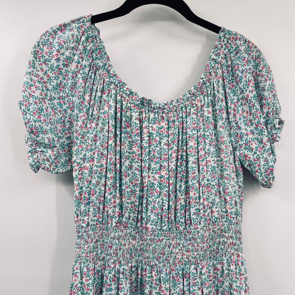 J Crew Puff Sleeve Floral Maxi Dress Tiered Smocked Waist Teal White Pink 2 - Picture 5 of 10
